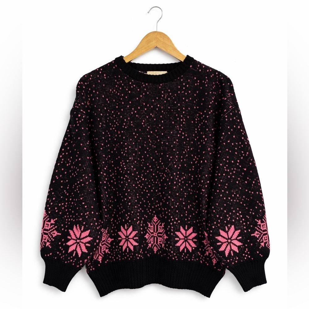 Vintage Black Pink Nordic Knit Sweater 80s 90s Large